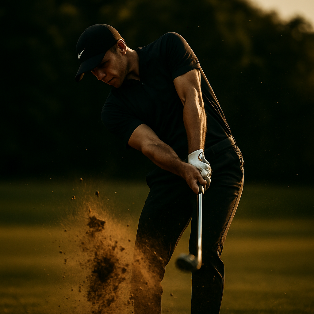 Golfer mid-swing at golden hour